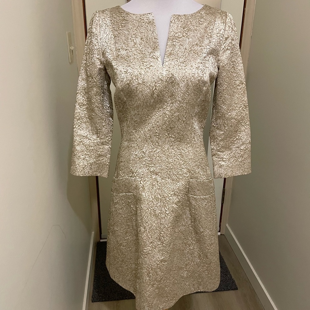 Oscar de la Renta Gold Brocade Long-Sleeve Fit-and-Flare Dress